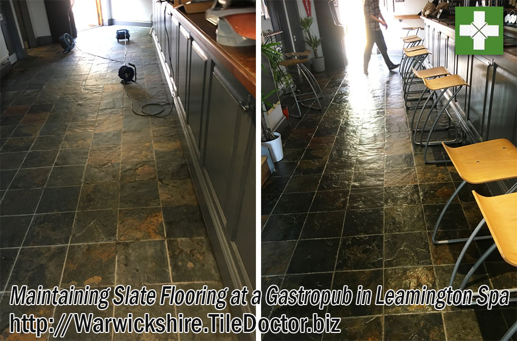 Slate Pub Floor Before and After Maintenance in Leamington Spa