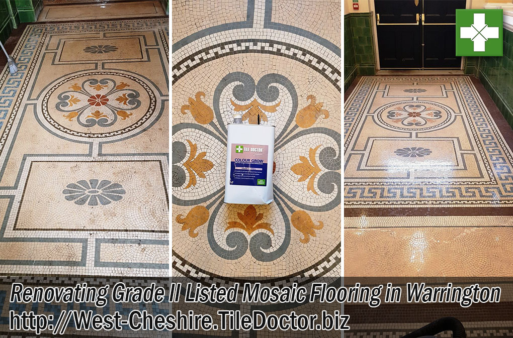 Grade II Listed Mosaic Flooring Before After Cleaning Sealing Warrington Cheshire